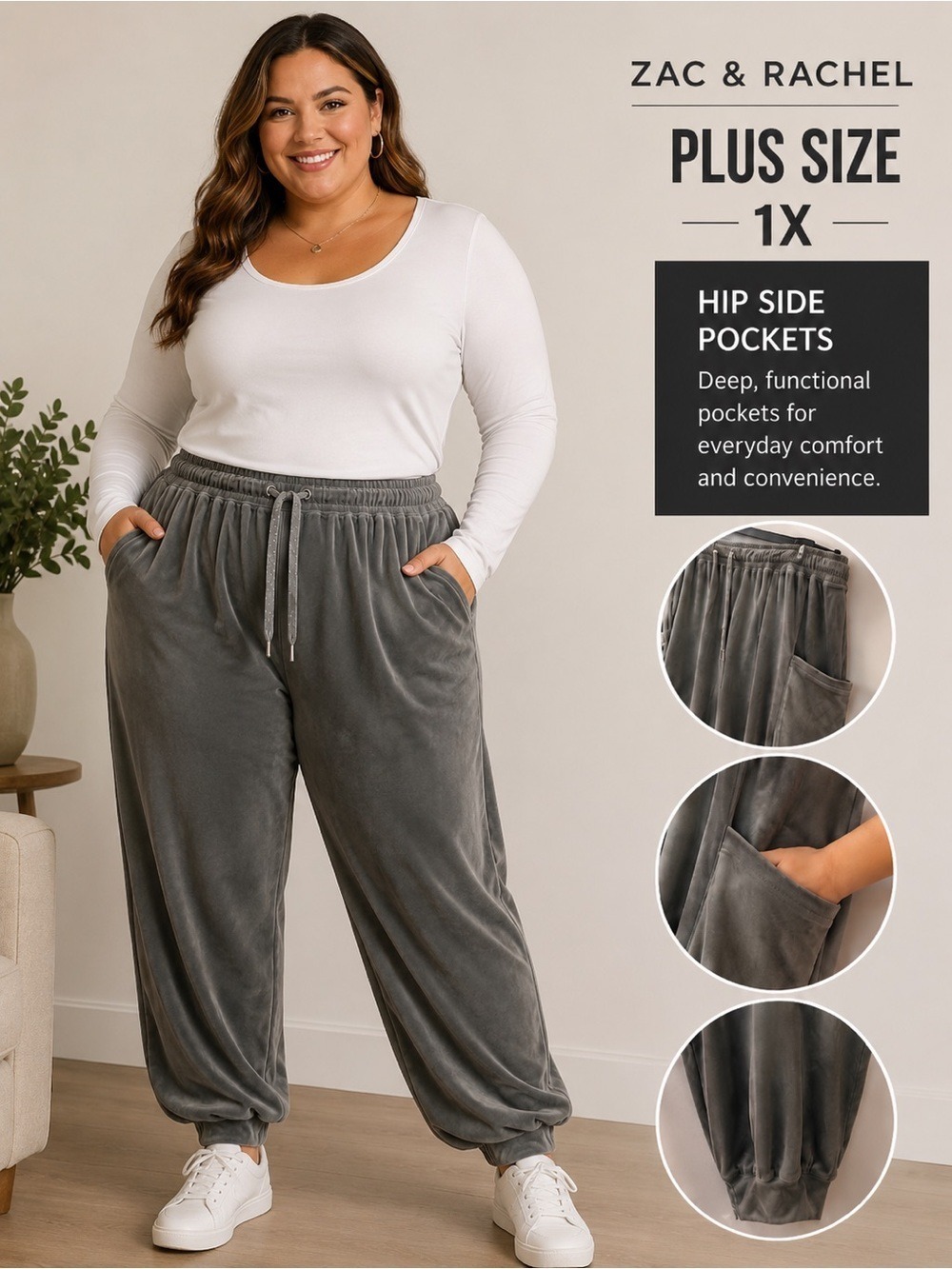 Zac & Rachel Plus Size Velour Jogger Pants 1X Steel Gray Side Pocket Lounge Pant